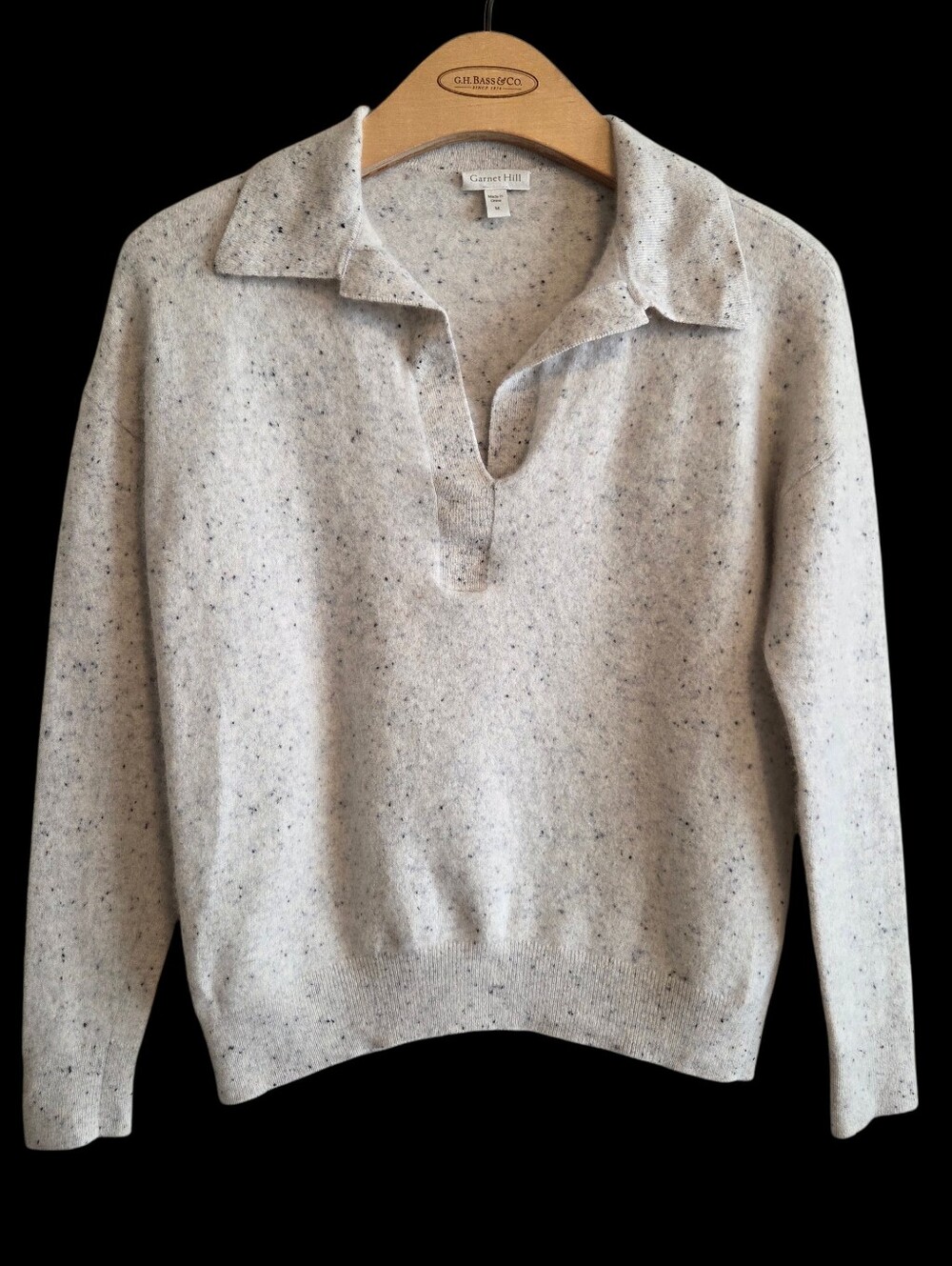 Garnet Hill Cashmere Speckled Cream V-Neck Collared Polo Sweater Sz M